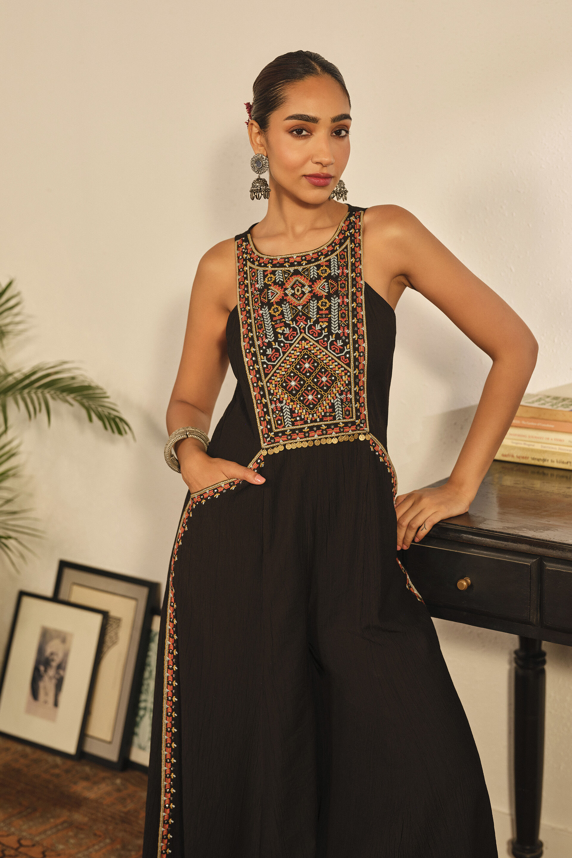 Embroidered Coin Jumpsuit in Black, Black, image 3